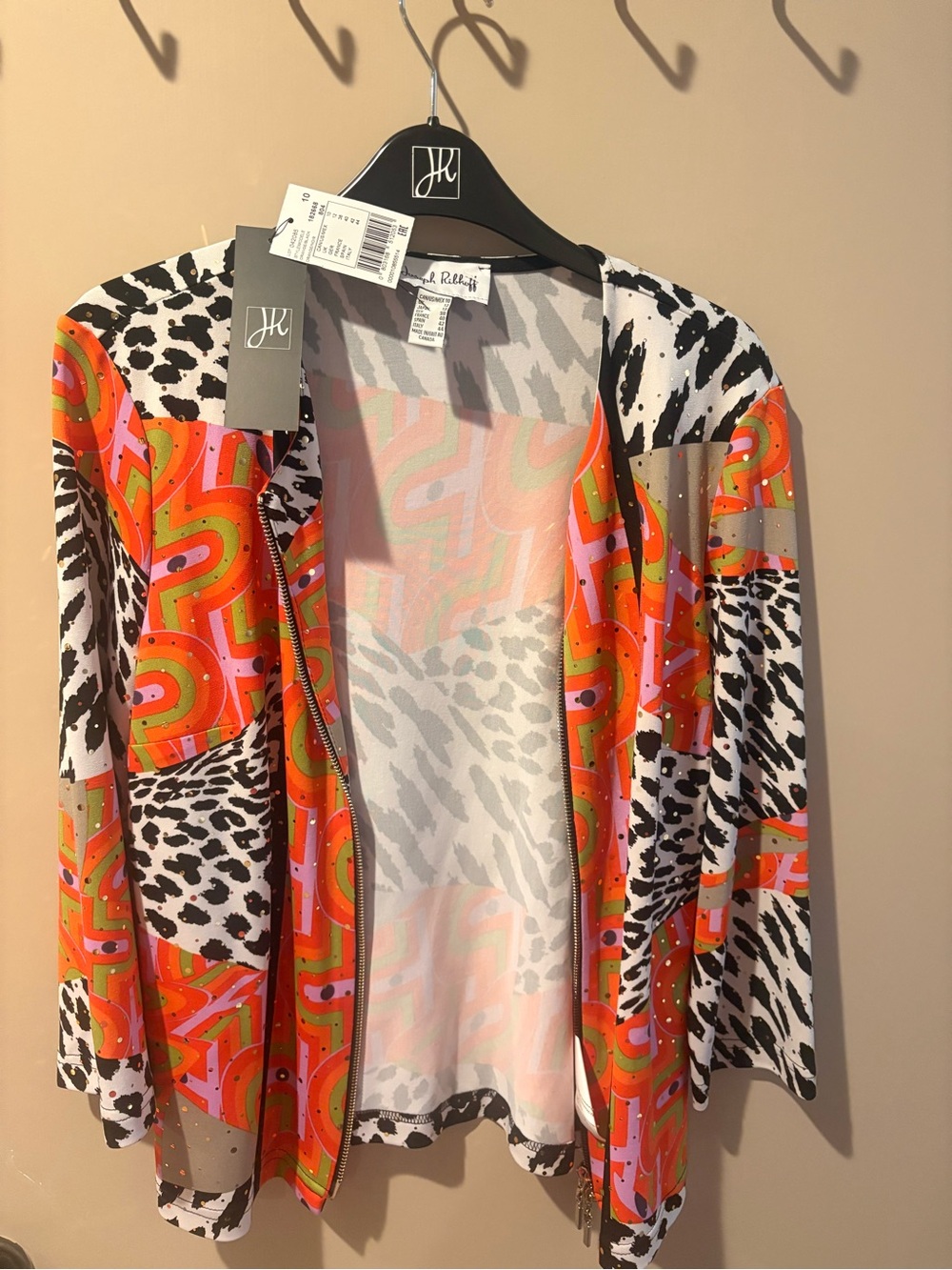 Joseph Ribkoff Women’s Multi-Print Zip Jacket in Orange, Pink, Black, White